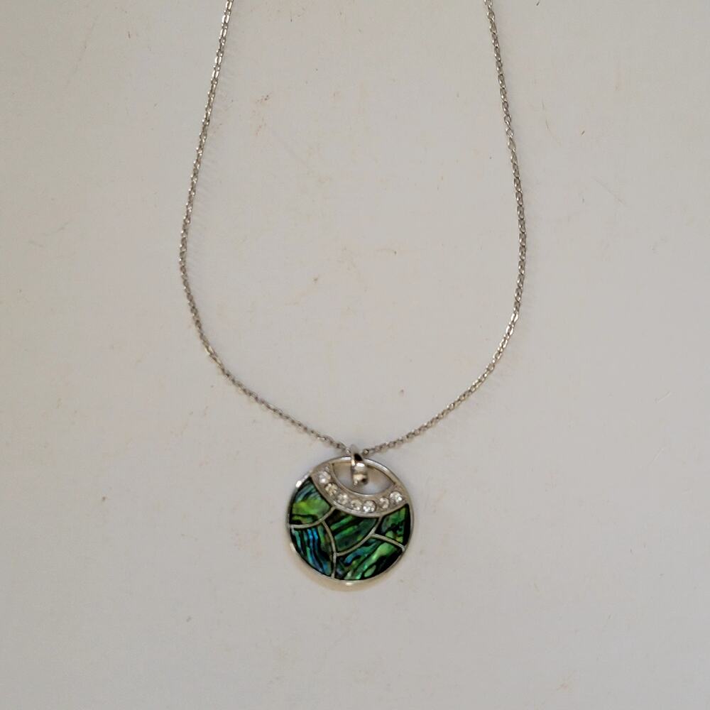Silver Chain Necklace With Round Abalone Shell Pendant And Crystal Wave Accent